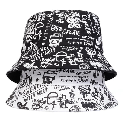 Unisex Black White Graffiti Casual Bucket Hat