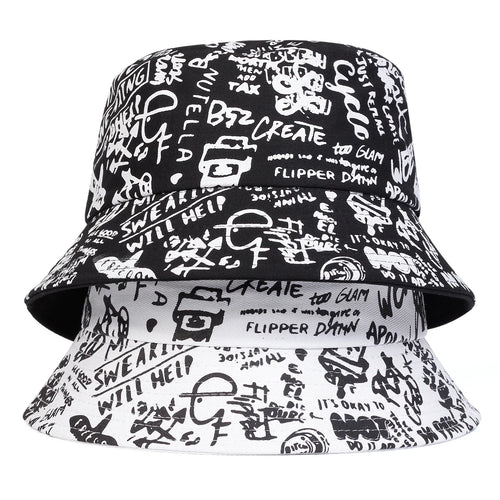 Unisex Black White Graffiti Casual Bucket Hat