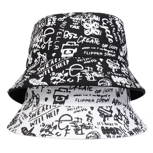 Unisex Black White Graffiti Casual Bucket Hat
