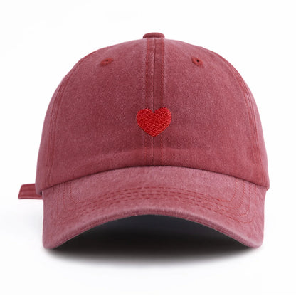 1pc Red Heart Embroidery Washed Baseball Cap For Adults