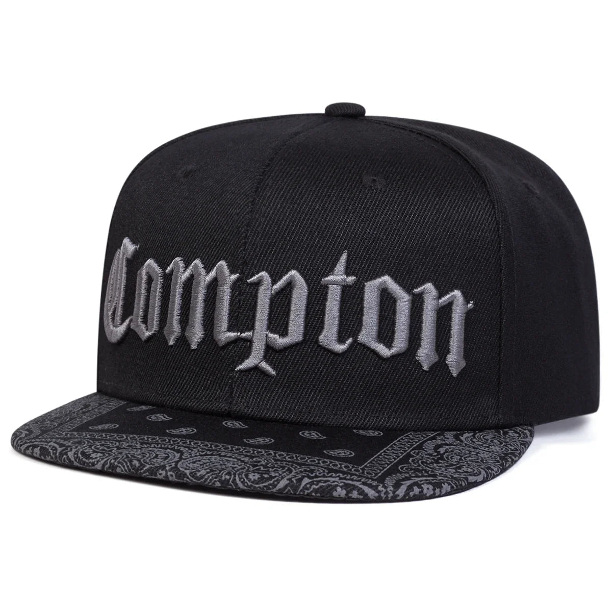 Compton Letter Embroidered Flat Brim Snapback Cap