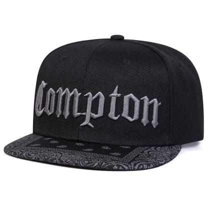 Compton Letter Embroidered Flat Brim Snapback Cap