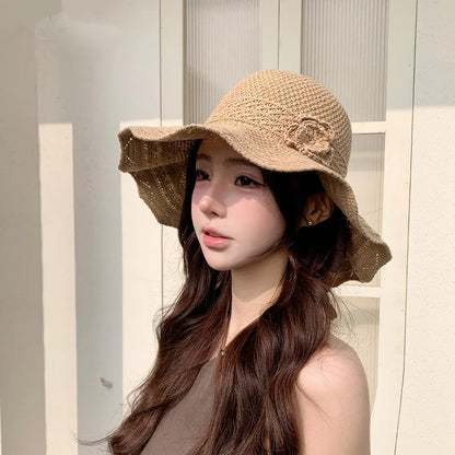 Women Elegant Flower Knitted Wide Brim Bucket Hat