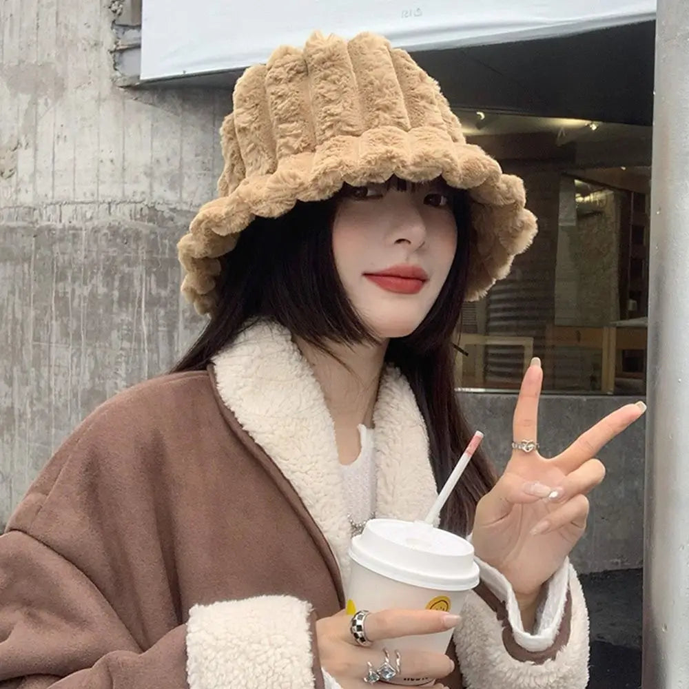 Women Faux Fur Winter Panama Fisherman Bucket Hat