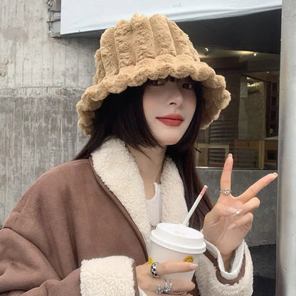 Women Faux Fur Winter Panama Fisherman Bucket Hat