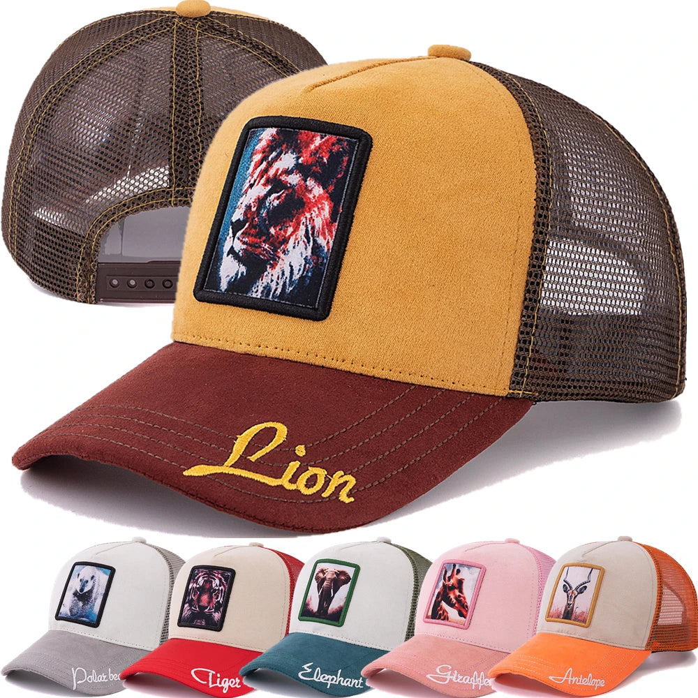Hot Sale Unisex Mesh Cap Lion Pattern Patch Design Suede Hat Women And Men Summer Animal Baseball Cap Fashion Trucker Hat Size 56-60cm