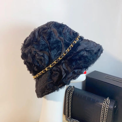 Women Lamb Fleece Rose Fisherman Bucket Hat