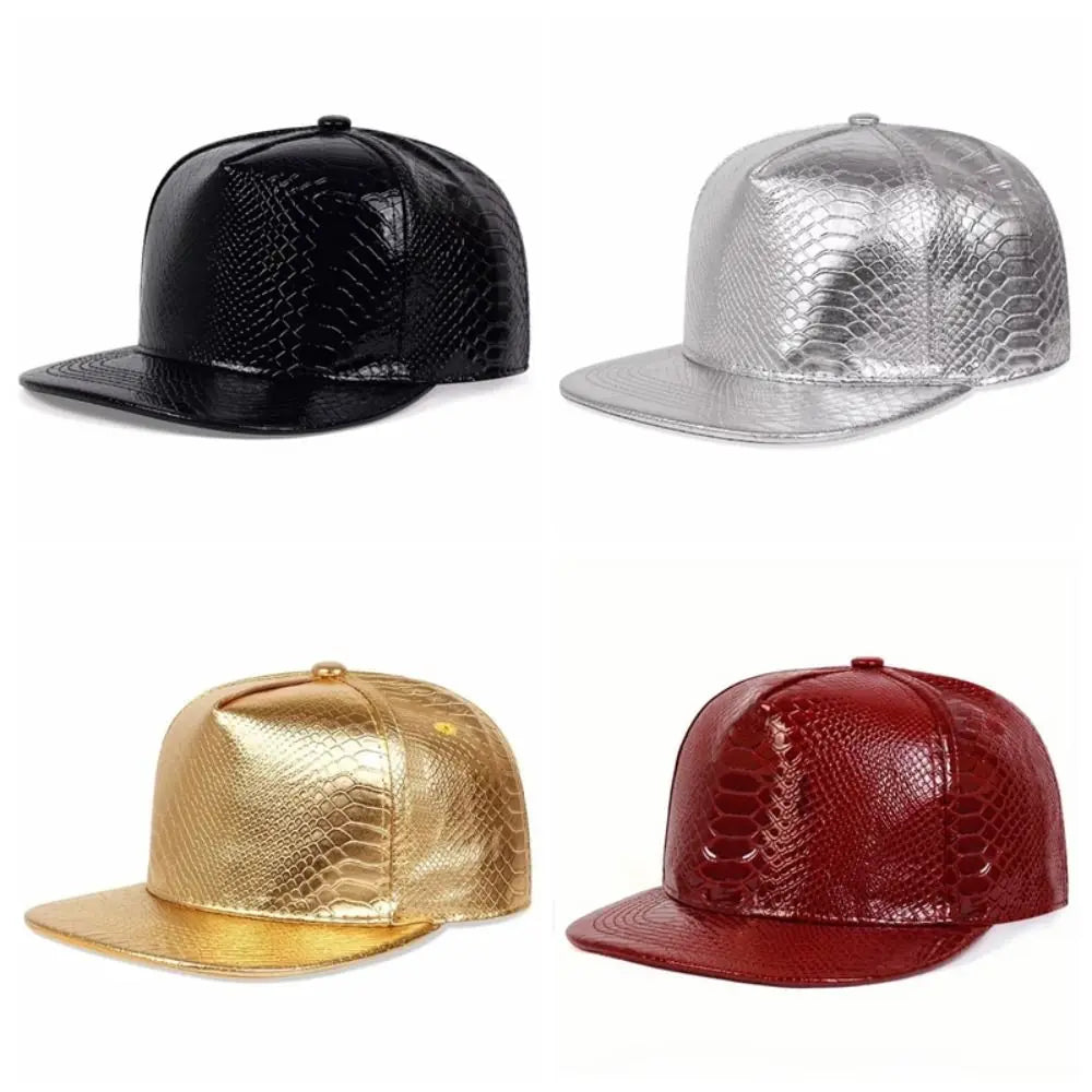PU Leather Flat Brim Adjustable Hip Hop Snapback Cap