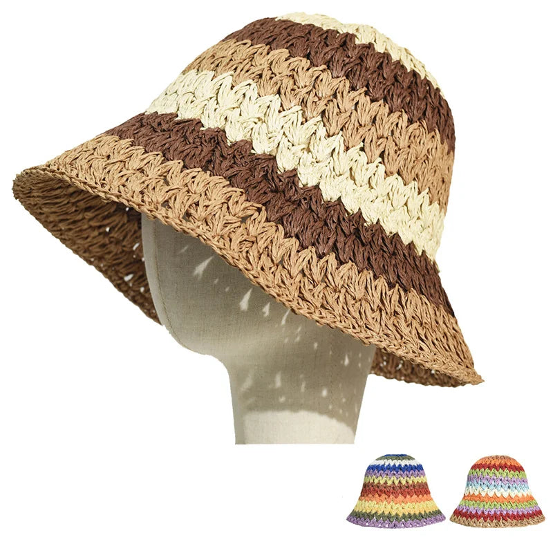 Foldable Wide Brim Straw Bucket Hat