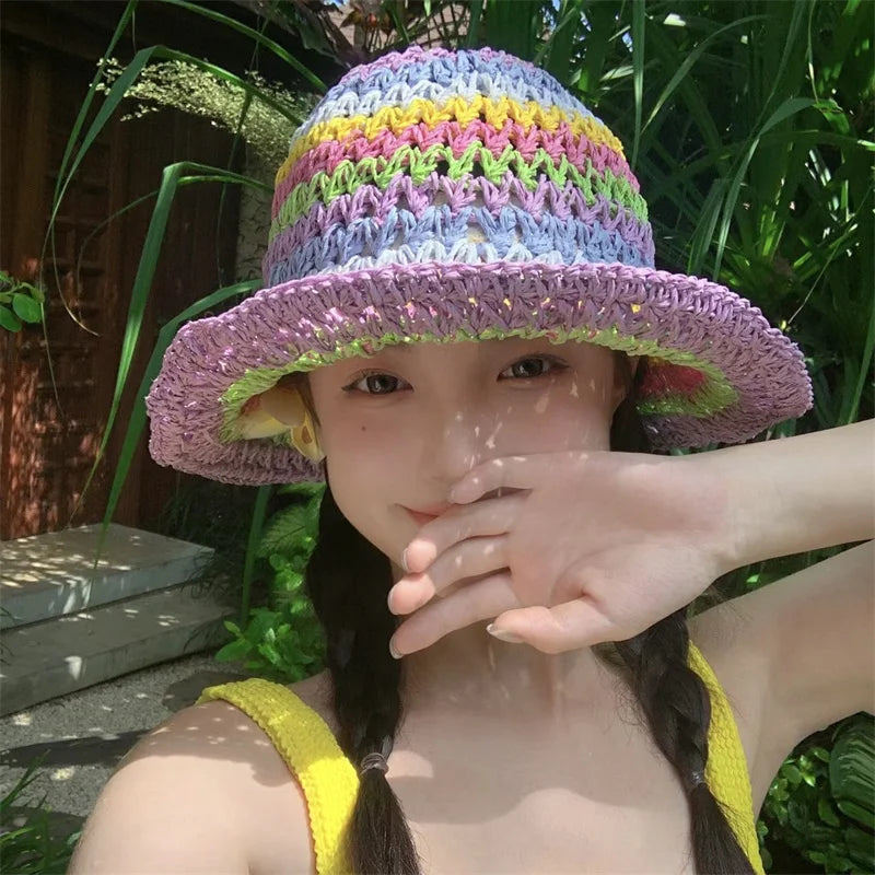 Foldable Wide Brim Straw Bucket Hat