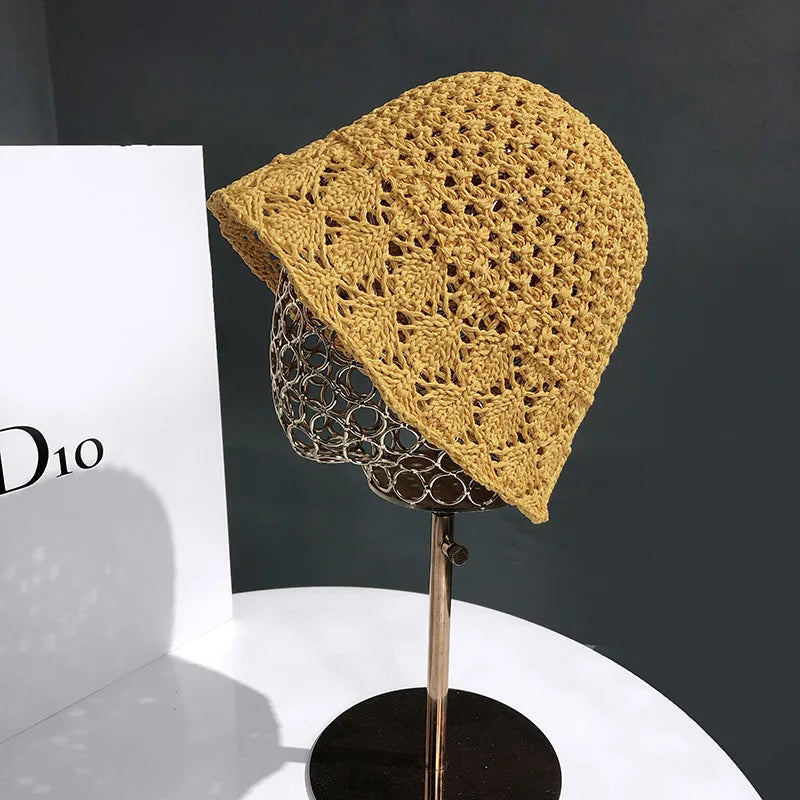 Women Breathable Crochet Straw Sun Bucket Hat