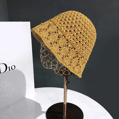 Women Breathable Crochet Straw Sun Bucket Hat