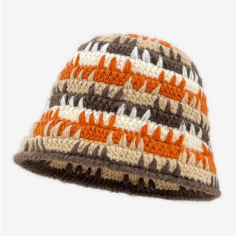 Unisex Color Block Crochet Winter Bucket Hat