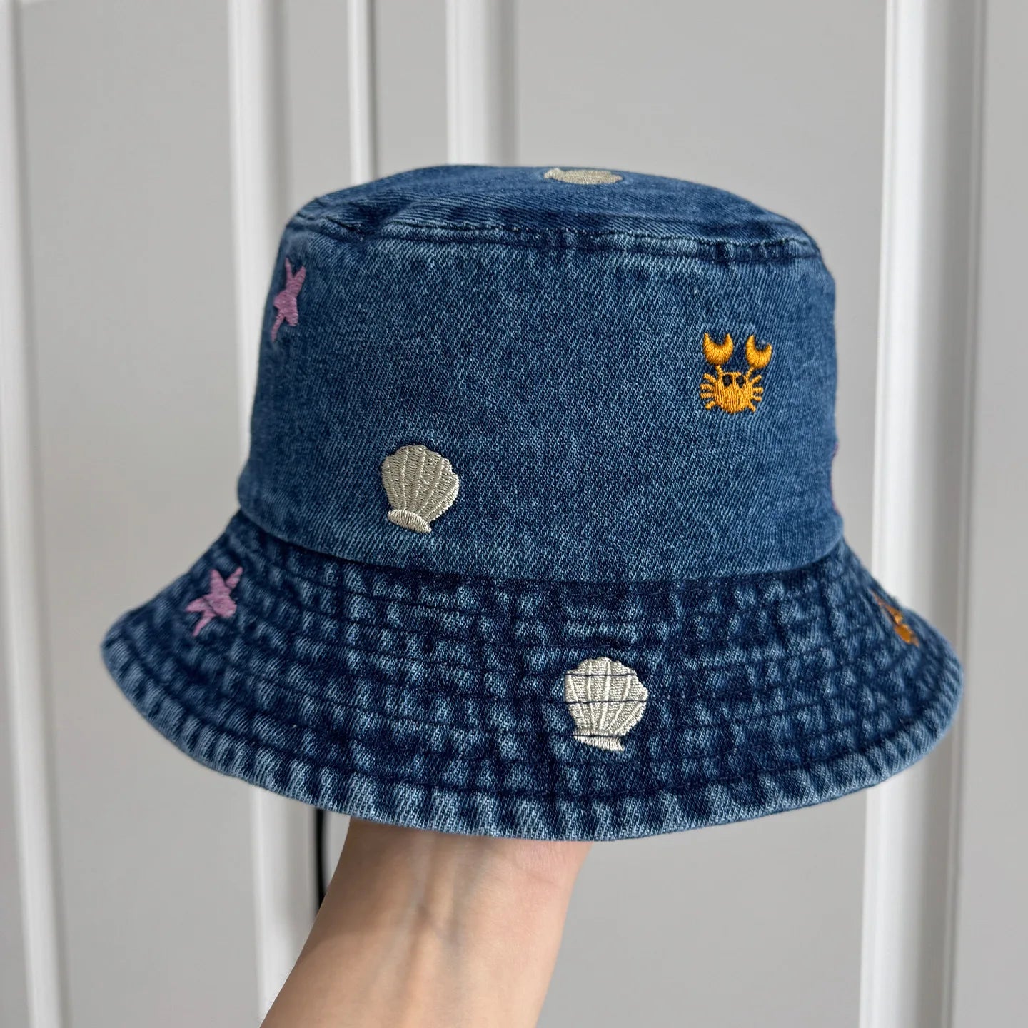 Sea Shell Embroidered Denim Bucket Hat