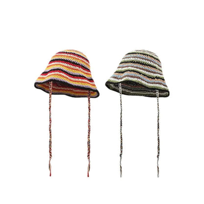 Women Striped Crochet Braided Bucket Hat