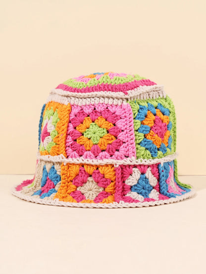 Colorful Floral Patch Crochet Bucket Hat