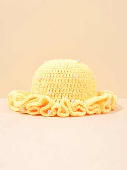 Women Vintage Pearl Crochet Ruffled Bucket Hat