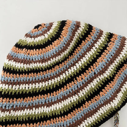 Women Striped Crochet Braided Bucket Hat