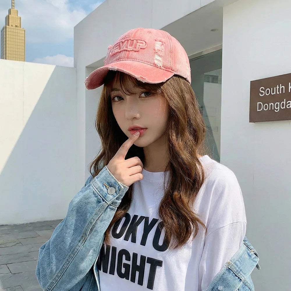 Spring Autumn Thick Soft Top Baseball Cap Washed Denim Hole Embossed Antique Korean Style Casual Fashion Sun Hat