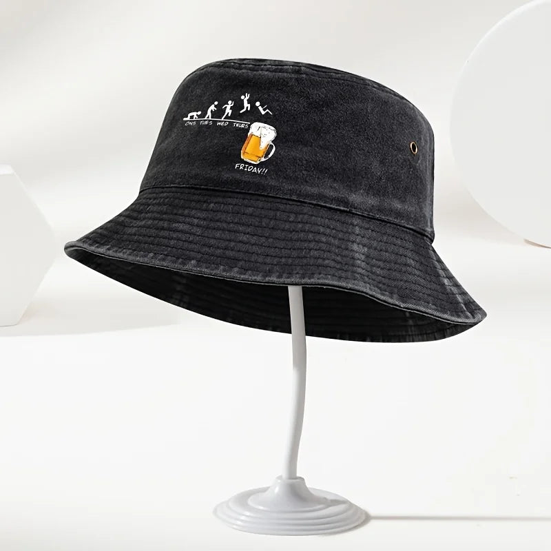 Beer Cup Print Washed Cotton Bucket Hat