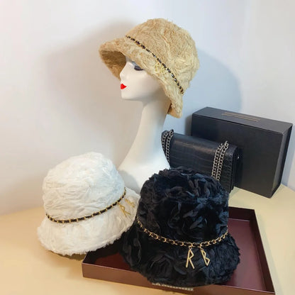 Women Lamb Fleece Rose Fisherman Bucket Hat