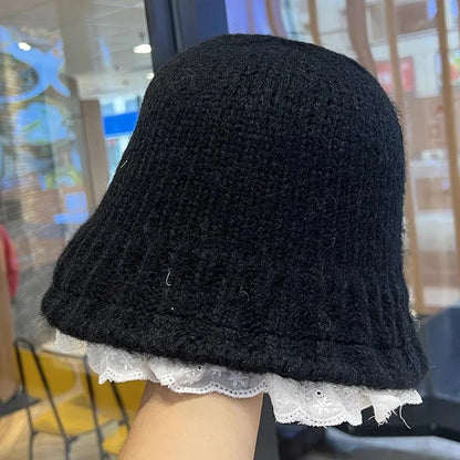 Women Lace Knitted Korean Winter Bucket Hat