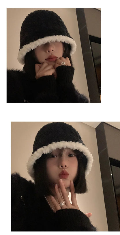 Black Plush Bucket Hat For Women Autumn And Winter