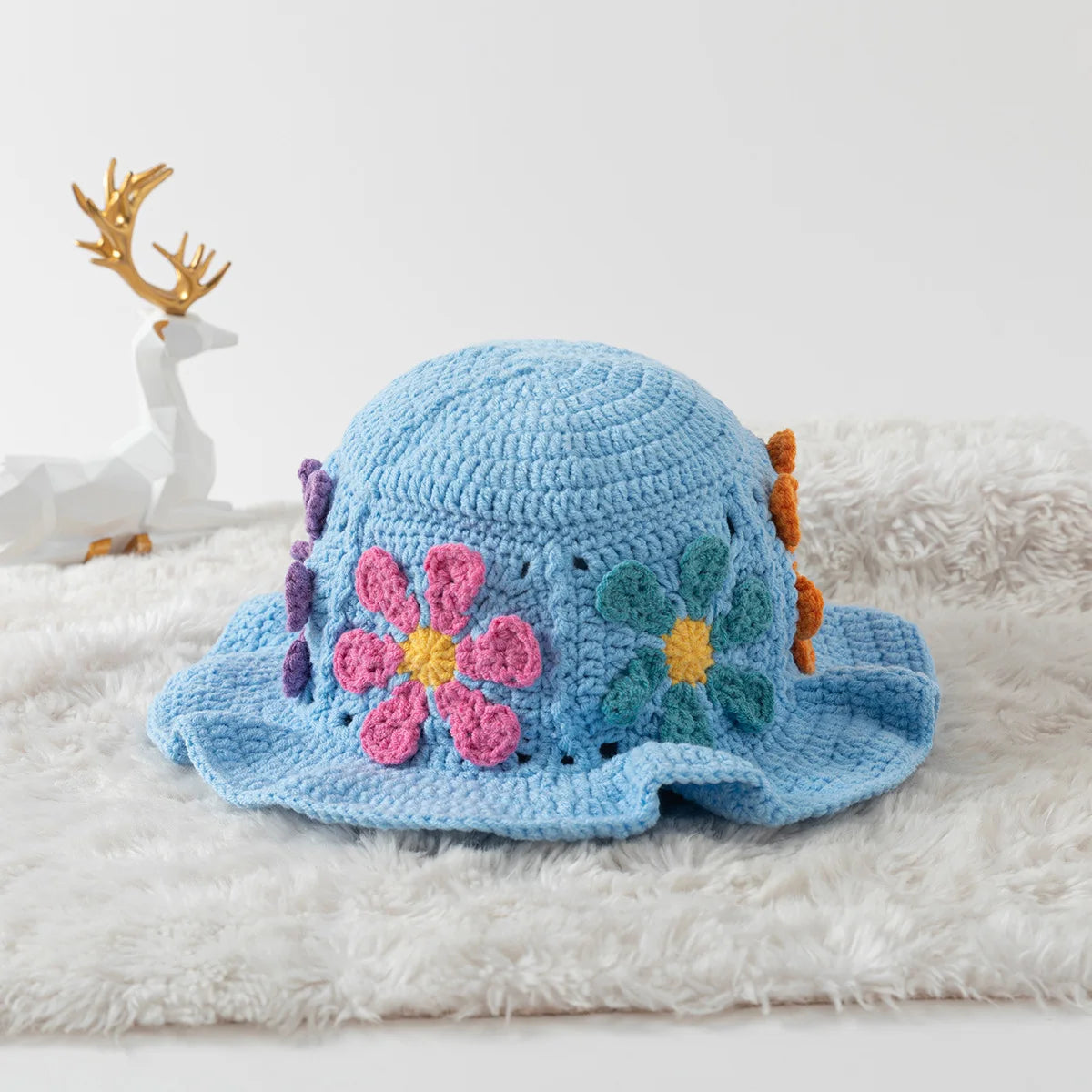 Retro Ruffled Floral Crochet Bucket Hat