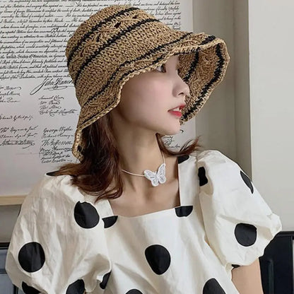 Striped Geometric Straw Bucket Hat