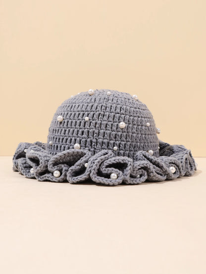 Women Vintage Pearl Crochet Ruffled Bucket Hat