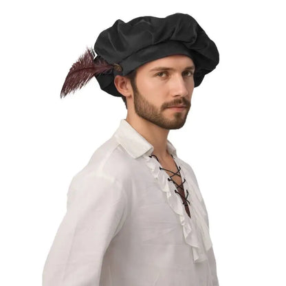 Quality Medieval Unisex Beret Hat With Feather Suede Tudor Hat