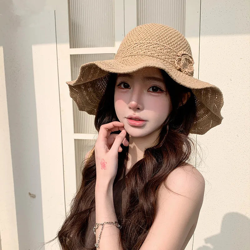 Women Elegant Flower Knitted Wide Brim Bucket Hat