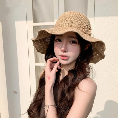 Women Elegant Flower Knitted Wide Brim Bucket Hat