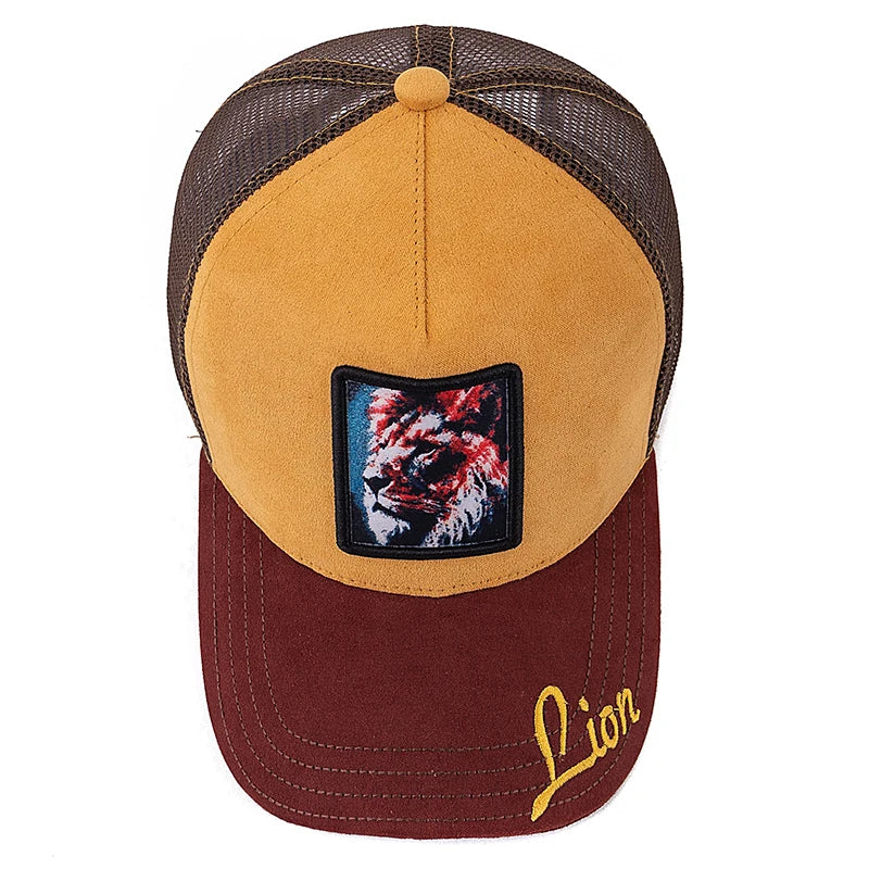 Hot Sale Unisex Mesh Cap Lion Pattern Patch Design Suede Hat Women And Men Summer Animal Baseball Cap Fashion Trucker Hat Size 56-60cm