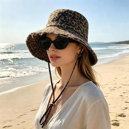 Leopard Print Drawstring Foldable Beach Bucket Hat