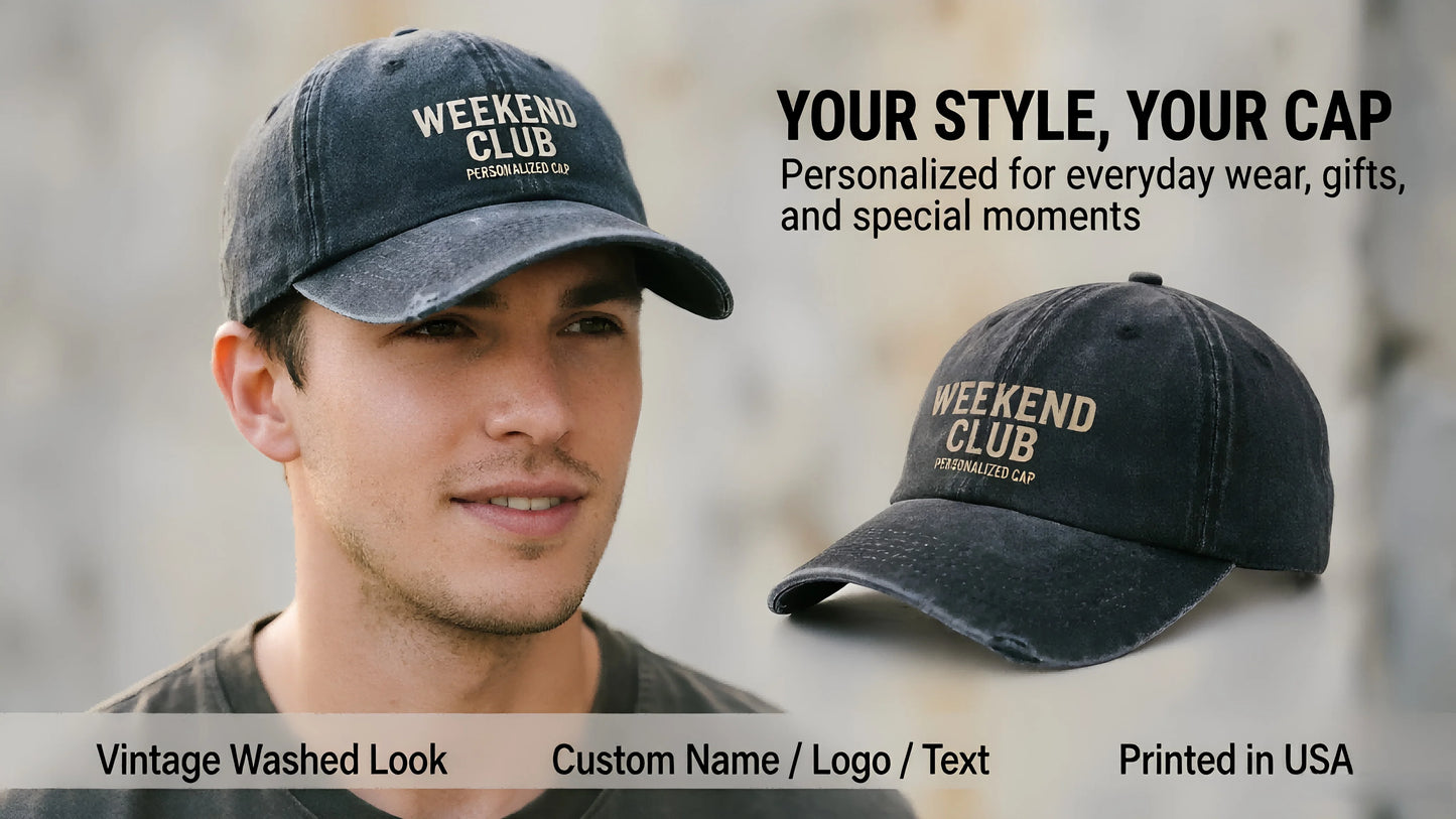 Personalized Vintage Washed Baseball Cap Custom Name Logo Text Dad Hat Adjustable Casual Hat For Men Women Printed In USA