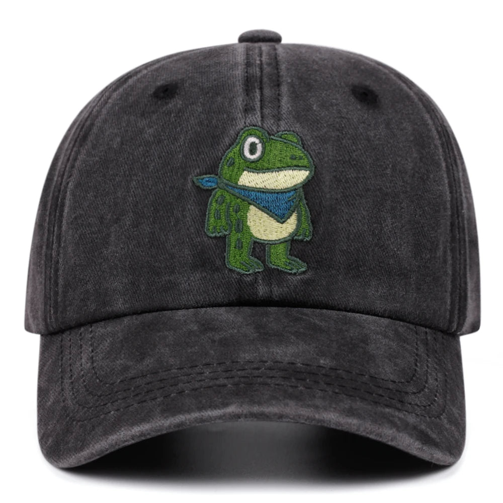 Cartoon Cute Frog Washed Retro Embroidery Cowboy Baseball Caps