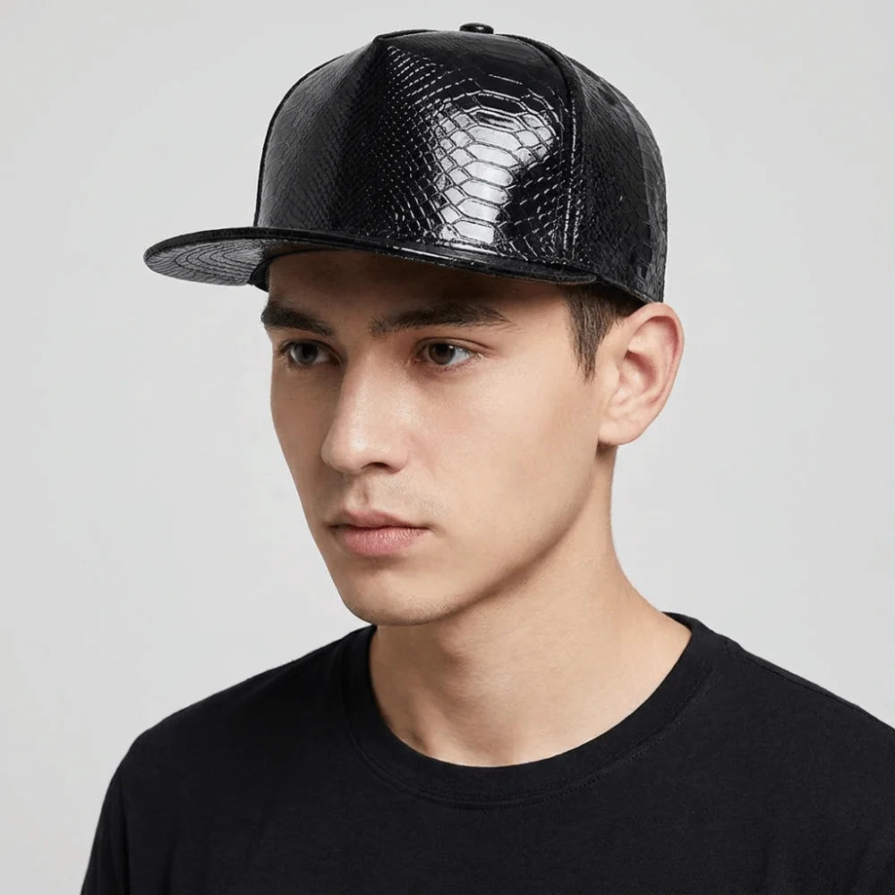 PU Leather Flat Brim Street Dance Snapback Cap
