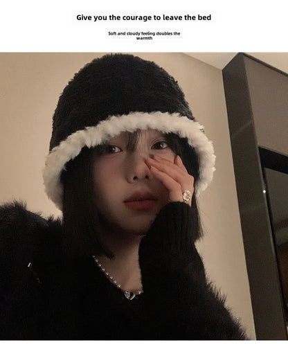 Black Plush Bucket Hat For Women Autumn And Winter