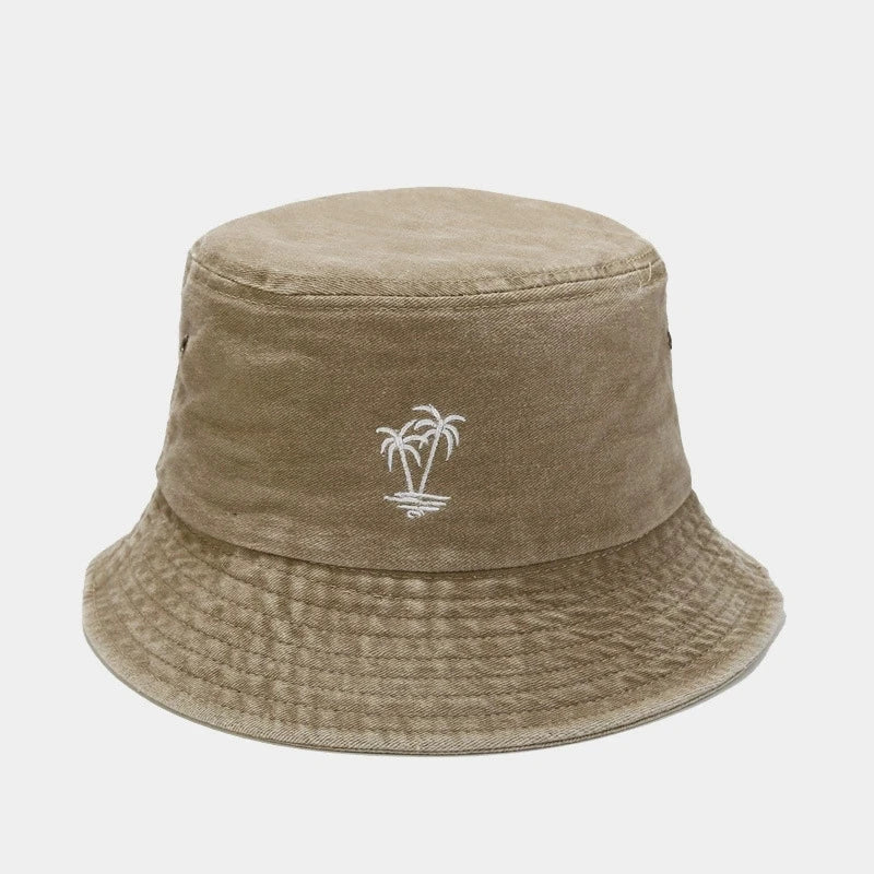 Palm Tree Embroidered Washed Bucket Hat