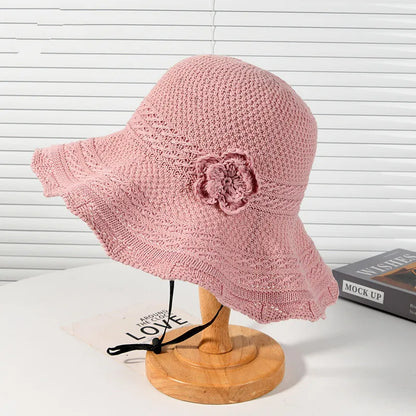Women Elegant Flower Knitted Wide Brim Bucket Hat