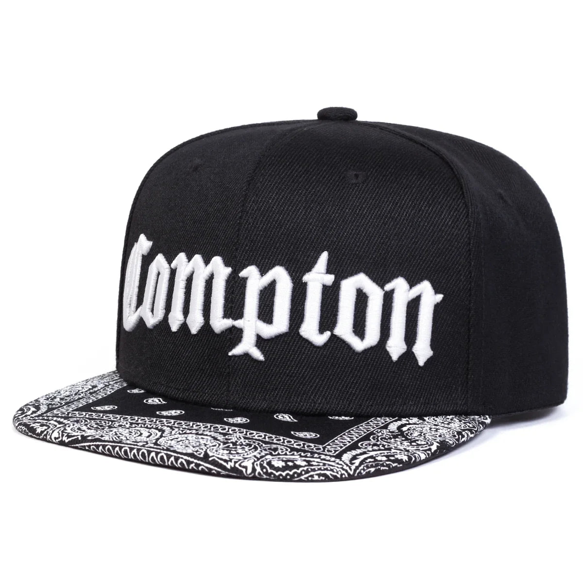 Compton Letter Embroidered Flat Brim Snapback Cap