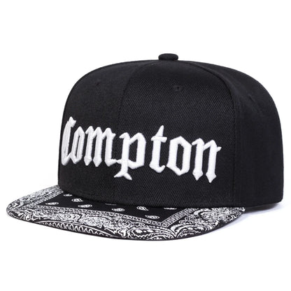 Compton Letter Embroidered Flat Brim Snapback Cap