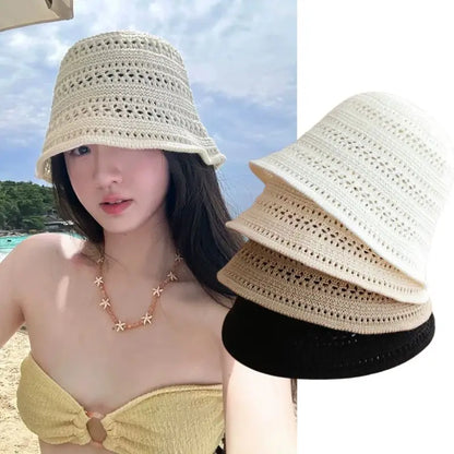 Hollow Knitted Straw Crochet Bucket Hat