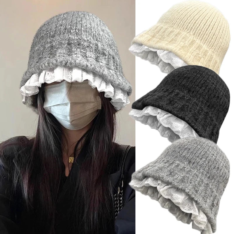 Women Lace Knitted Korean Winter Bucket Hat