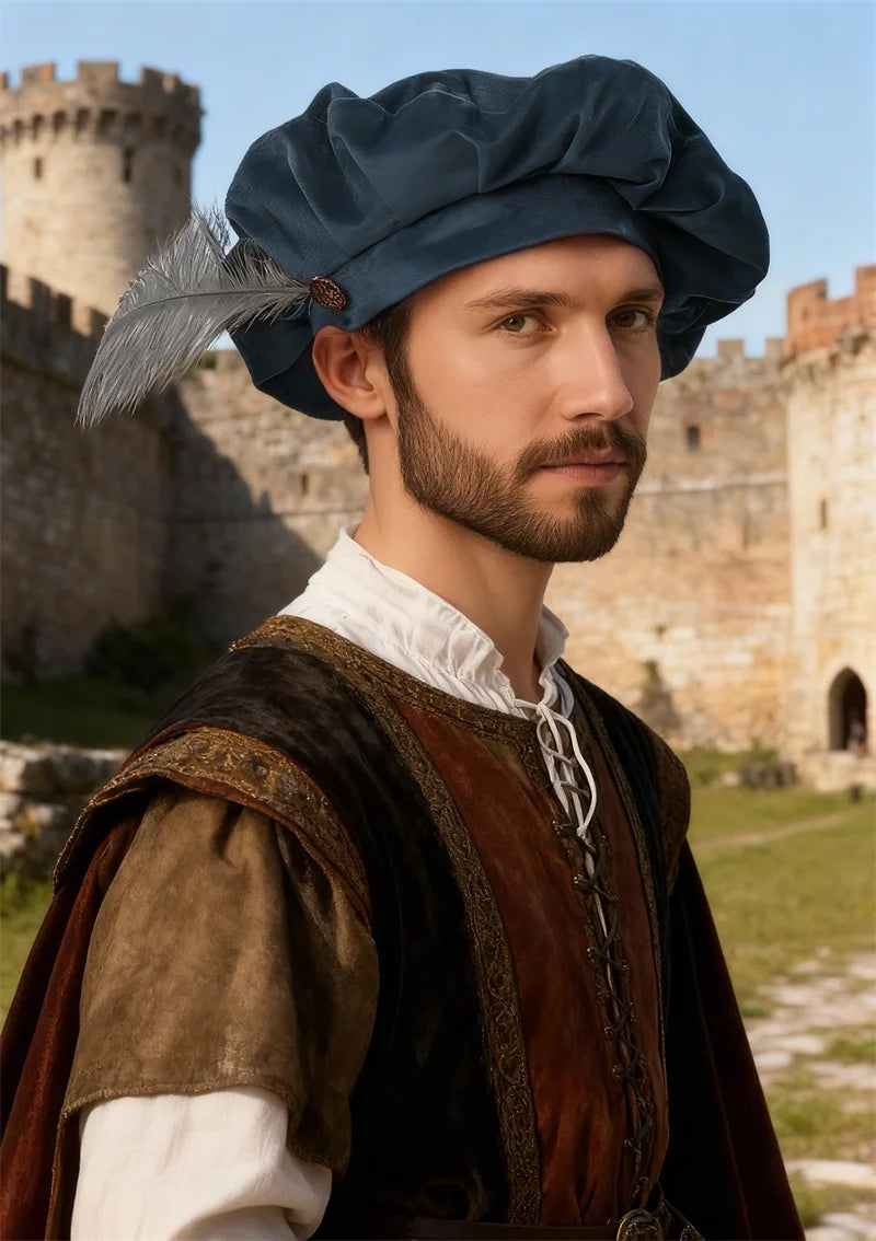 Quality Medieval Unisex Beret Hat With Feather Suede Tudor Hat