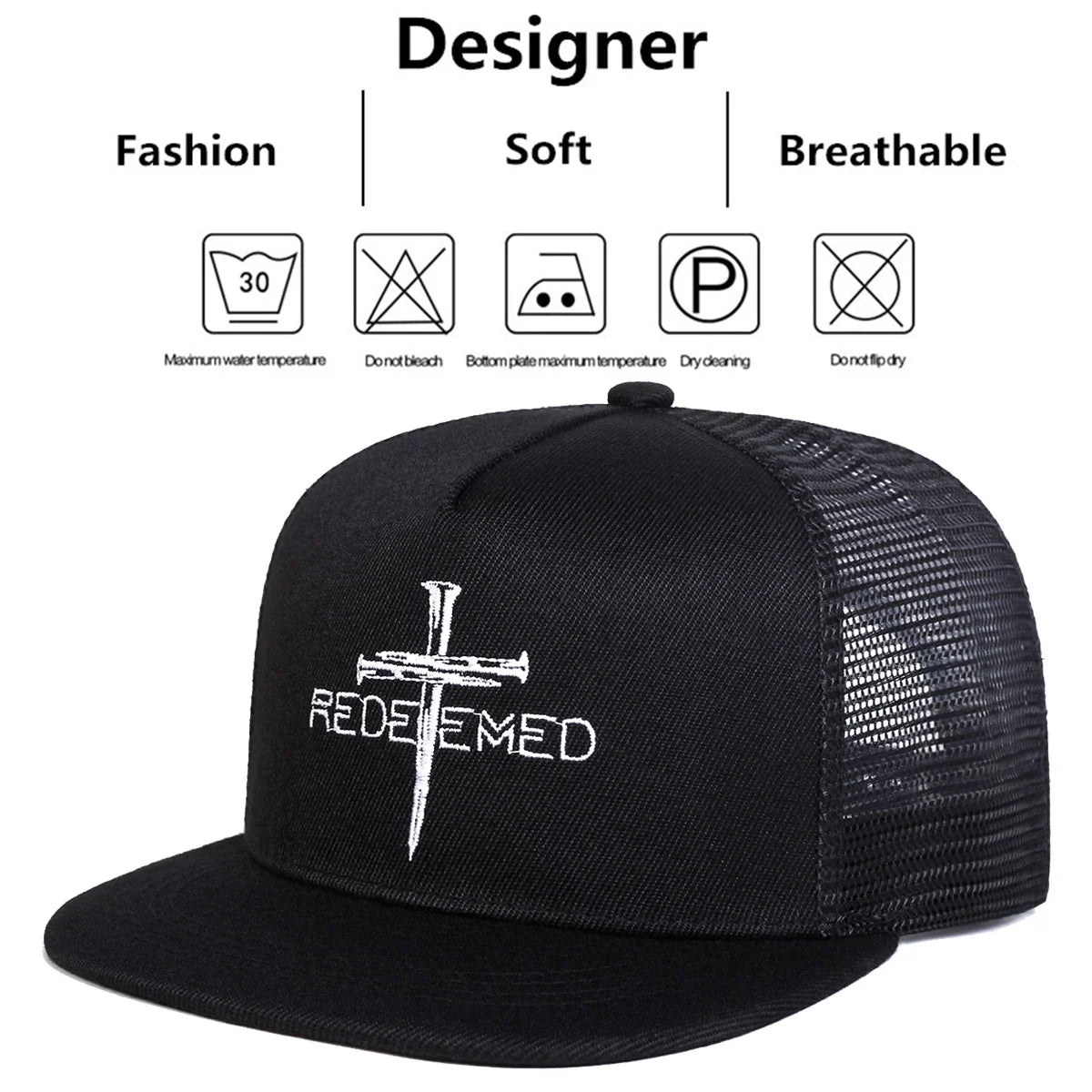 Unisex Redeemed Cross Embroidered Mesh Snapback