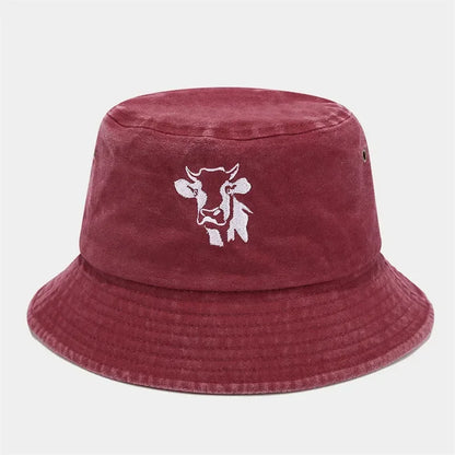 Animal Embroidered Cotton Bucket Hat Outdoor Travel Cap