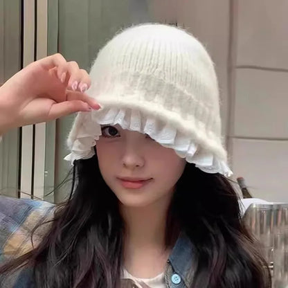Women Lace Knitted Korean Winter Bucket Hat