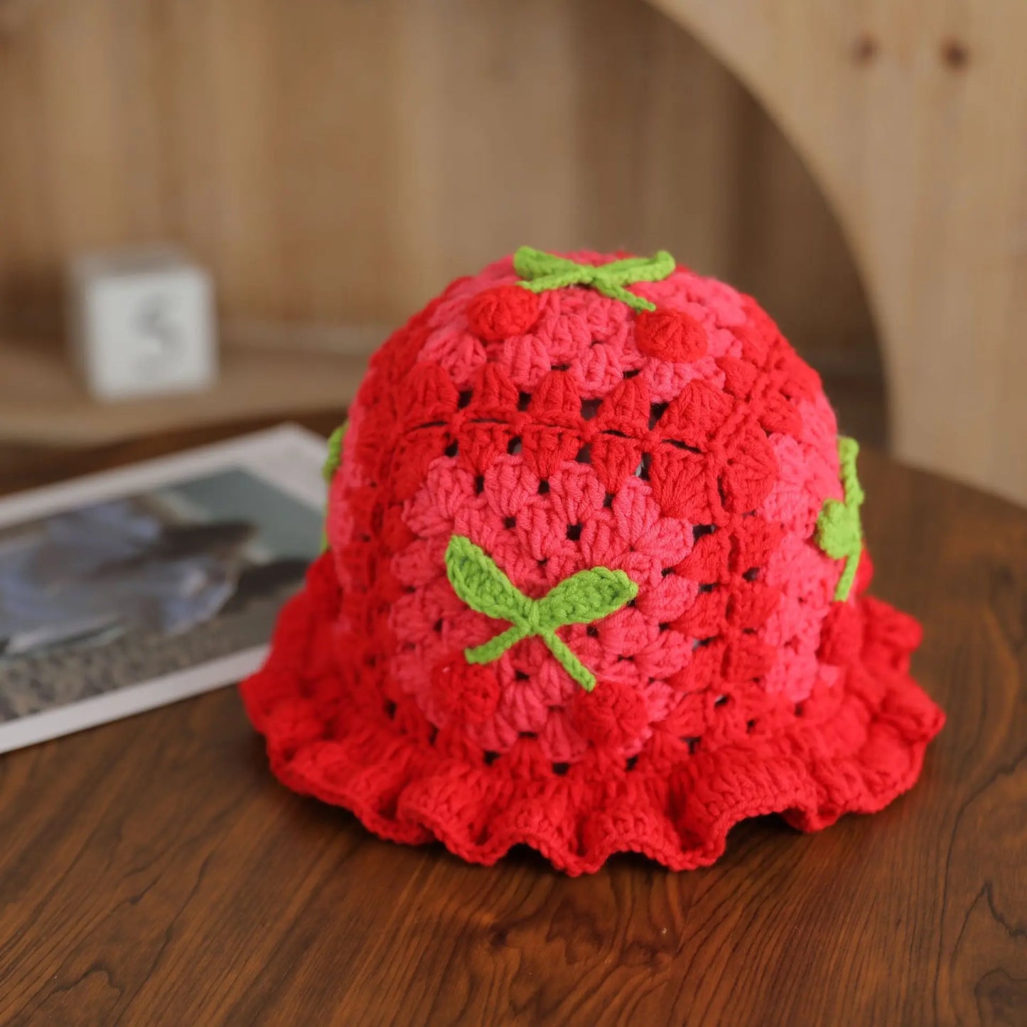 3D Cherry Crochet Ruffled Bucket Hat